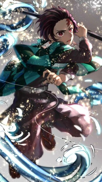 A Demon Slayer fighter uses water techniques in a dynamic battle pose, HD Phone Wallpaper