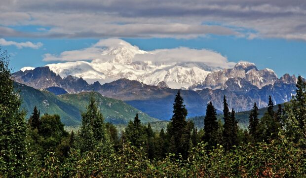 The Denali National Park features snow covered peaks and dense forest under a partly cloudy sky, 2K Desktop Wallpaper