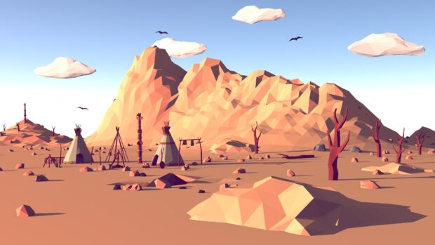 A low poly desert landscape with mountains and teepees under a bright sky, 4K Desktop Wallpaper
