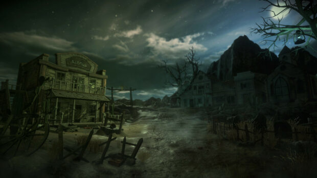 A dark ghost town shows abandoned buildings and eerie surroundings under moonlight, HD Desktop Wallpaper