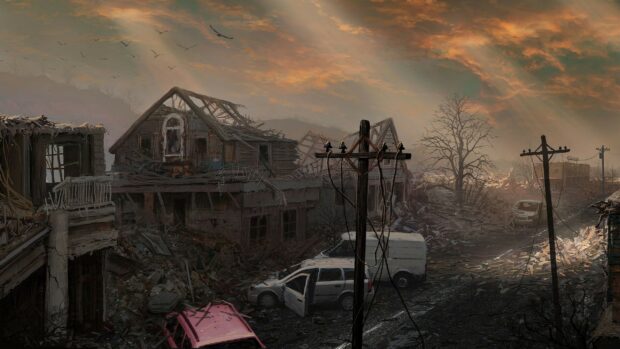 A ghost town with abandoned buildings and broken cars under dramatic cloudy sky, 2K Desktop Wallpaper