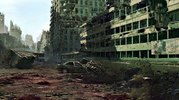 A deserted ghost town with destroyed buildings and broken cars under a hazy sky, HD Desktop Wallpaper