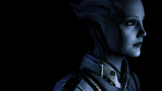 A detailed portrait of Liara Tsoni with a dark background showing her blue skin and features, 4K Desktop Wallpaper