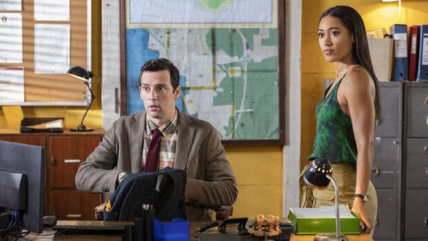 Two detectives discuss a case in a police office from Death In Paradise Tv Series, HD Desktop Wallpaper