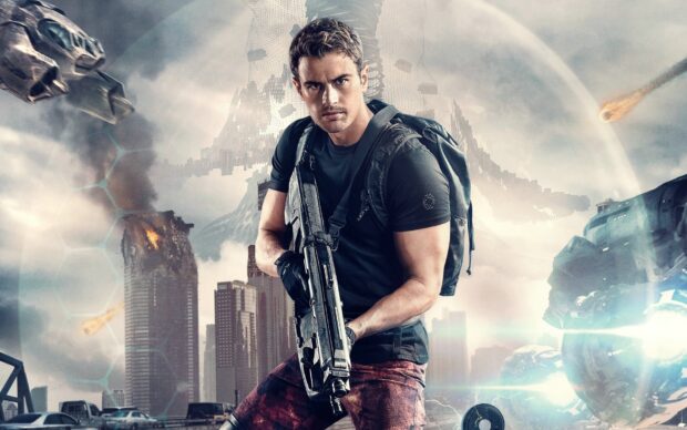 A soldier is holding a large weapon with a futuristic city and spaceships in the background in Allegiant wallpapers, HD Desktop Wallpaper