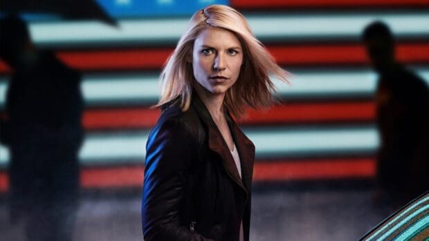 A determined woman stands with strong resolve against abstract red and white lights in Homeland Wallpapers, HD Desktop Wallpaper