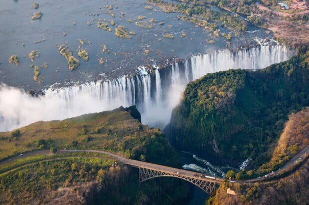 Aerial view of Devils Pool and bridge over the river in Zambia, HD Desktop Wallpaper