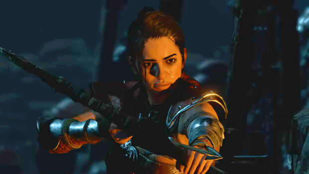 A focused warrior from Diablo Iv prepares to shoot an arrow in a dark environment, HD Desktop Wallpaper