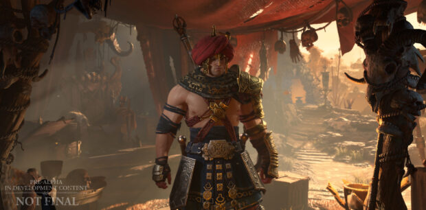 A muscular character wearing detailed armor stands inside a decorated tent in Diablo Iv wallpapers, 2K Desktop Wallpaper