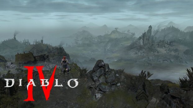 A character from Diablo Iv overlooks a desolate and rocky landscape with ruins in the distance, HD Desktop Wallpaper