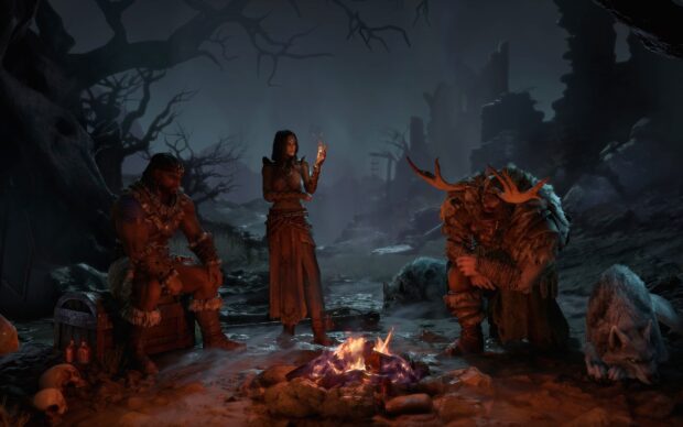 Diablo Iv characters gather around a campfire in a dark forest scene, HD Desktop Wallpaper