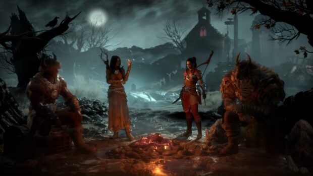 Four Diablo Iv characters gather around a campfire in a dark, eerie landscape, HD Desktop Wallpaper