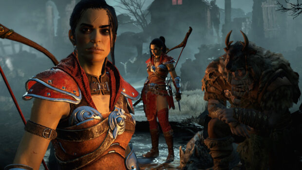 The Diablo Iv characters prepare for battle in a dark and eerie landscape, HD Desktop Wallpaper
