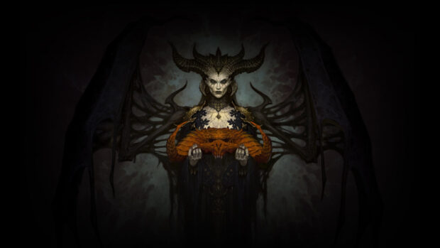 The image shows Diablo Iv with a dark demonic queen holding a horned skull, 4K Desktop Wallpaper