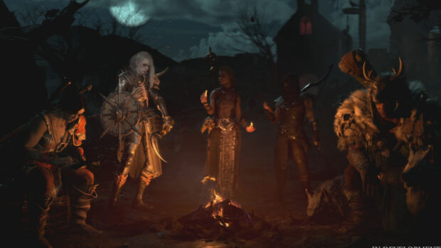 The Diablo Iv Wallpapers show five characters in a dark setting gathered around a campfire under a moonlit sky, 4K Desktop Wallpaper