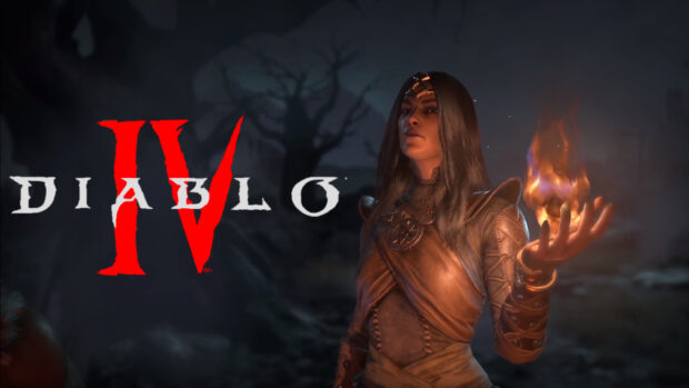 A dark mage from Diablo Iv is casting a fiery spell in a gloomy forest setting, HD Desktop Wallpaper