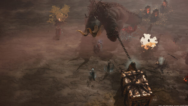 A fierce demon chained to a large cage fights against warriors in Diablo Iv wallpapers, 4K Desktop Wallpaper