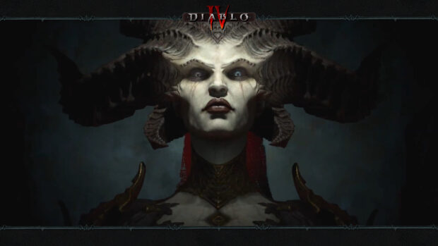 The Diablo Iv demon queen stares intensely with glowing eyes and ornate horns, 4K Desktop Wallpaper