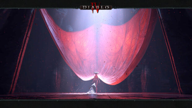 A powerful figure stands beneath a glowing red cloth in Diablo Iv, 4K Desktop Wallpaper
