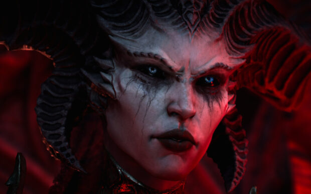 Close up of a Diablo Iv demon with horns and glowing eyes, HD Desktop Wallpaper