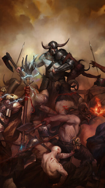 A fierce battle scene in Diablo Iv featuring horned warriors and dark creatures in combat, 2K Phone Wallpaper
