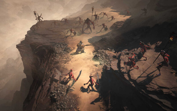 A warrior faces multiple demons in a desert canyon in Diablo Iv wallpapers, HD Desktop Wallpaper