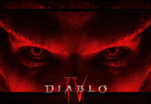 The image features a close up of an intense red demon face from Diablo Iv, highlighting its eyes and texture, HD Desktop Wallpaper