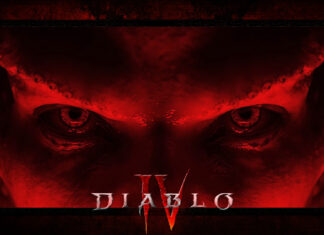 The image features a close up of an intense red demon face from Diablo Iv, highlighting its eyes and texture, HD Desktop Wallpaper