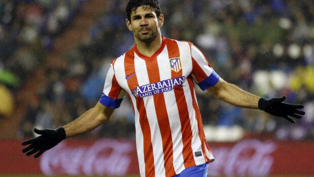 Diego Costa wearing Atletico Madrid jersey celebrating a goal during a match, 4K Desktop Wallpaper