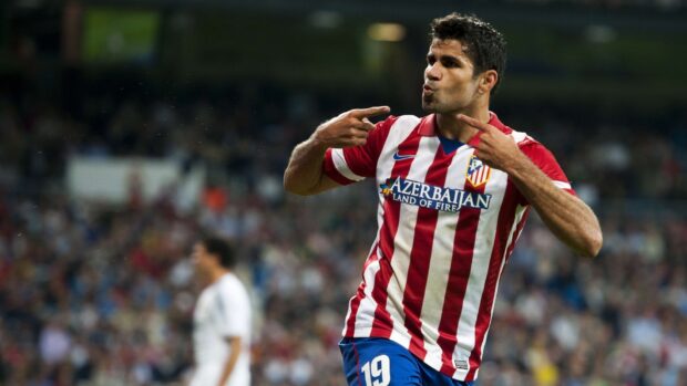 Diego Costa celebrates during a match wearing a red and white Atletico Madrid jersey, HD Desktop Wallpaper