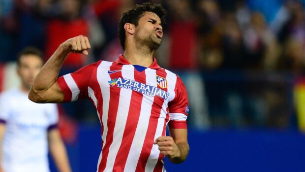 Diego Costa celebrating a goal while wearing a red and white striped jersey, HD Desktop Wallpaper