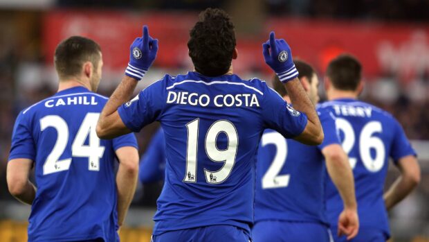 Diego Costa celebrating during a Chelsea match with teammates wearing blue jerseys, 2K Desktop Wallpaper