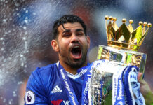 Diego Costa celebrating with the Premier League trophy while wearing a blue jersey, HD Desktop Wallpaper