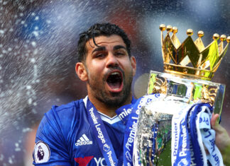 Diego Costa celebrating with the Premier League trophy while wearing a blue jersey, HD Desktop Wallpaper