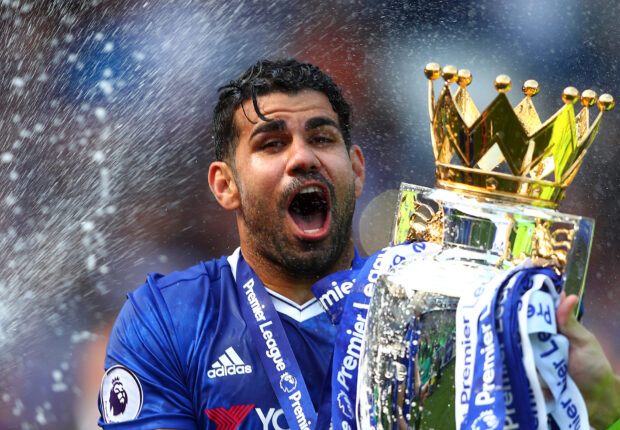Diego Costa celebrating with the Premier League trophy while wearing a blue jersey, HD Desktop Wallpaper