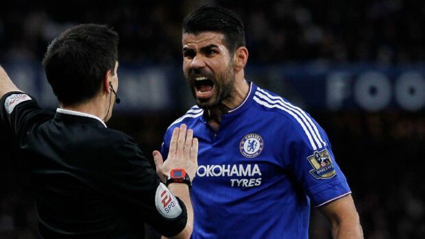 Diego Costa passionately argues with the referee during a football game, HD Desktop Wallpaper