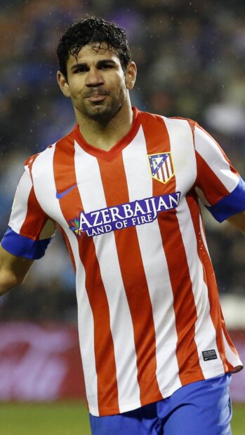 Diego Costa is celebrating during a football match in his Atletico Madrid jersey, 2K Mobile Wallpaper