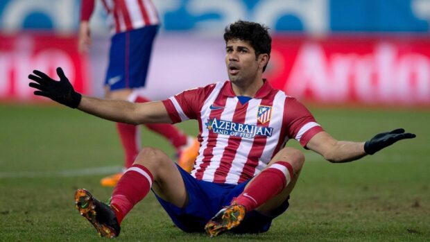 Diego Costa reacts during a soccer game wearing the Atletico Madrid kit, HD Desktop Wallpaper