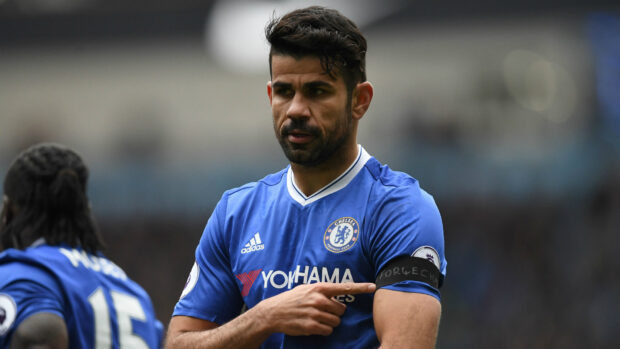 Diego Costa wearing Chelsea kit and pointing at his captain armband, HD Desktop Wallpaper