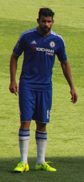 Diego Costa in a Chelsea kit standing on the field during a match, HD Mobile Wallpaper