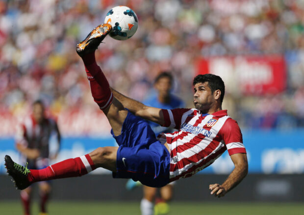 Diego Costa performing an acrobatic kick during a match, 2K Desktop Wallpaper