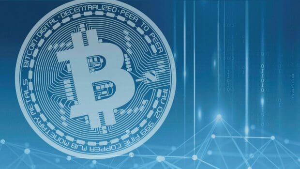A digital Bitcoin coin with network symbols and code in blue, HD Desktop Wallpaper