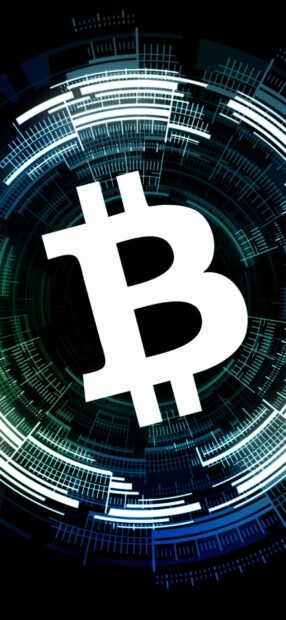 A digital Bitcoin symbol is surrounded by a futuristic circular interface in blue and white colors, HD Phone Wallpaper