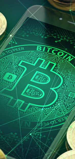 A green digital bitcoin design symbolizing secure blockchain technology, 2K Phone Wallpaper