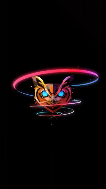 The image features a digital owl head surrounded by swirling neon rings in vibrant colors in Justin Maller Wallpapers, 4K Mobile Wallpaper