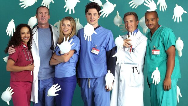 Donald Faison wallpapers feature the main cast in medical attire with floating gloves, HD Desktop Wallpaper
