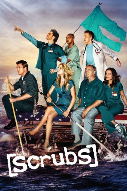 The Scrubs cast including Donald Faison standing and sitting on a hospital gurney, 2K Desktop Wallpaper