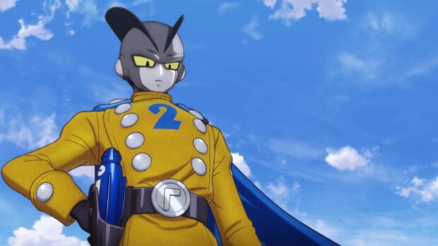 A Dragon Ball Super Super Hero character stands against a bright blue sky with clouds, HD Desktop Wallpaper