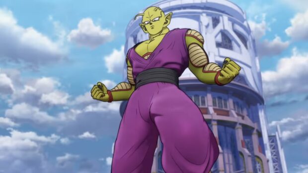A powerful character from Dragon Ball Super Super Hero stands confidently near a building under a cloudy sky, HD Desktop Wallpaper
