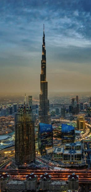 The United Arab Emirates skyline shows Burj Khalifa and surrounding buildings at dusk, 2K Mobile Wallpaper